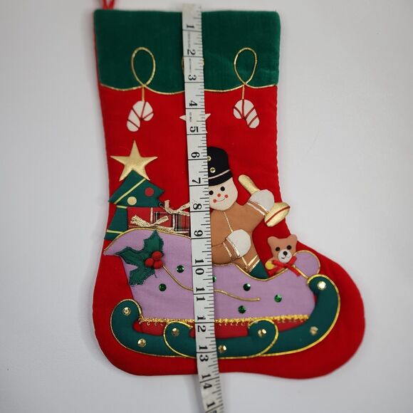 Vintage Sleigh Nutcracker Applique Christmas Stocking Sequined Velour Felt 3D - Picture 5 of 5
